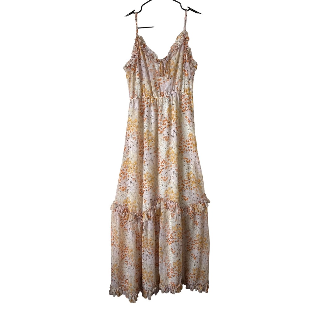 Boho Floral Ruffle Maxi Dress Peach Yellow Size M Strappy Stretch Waist Tiered